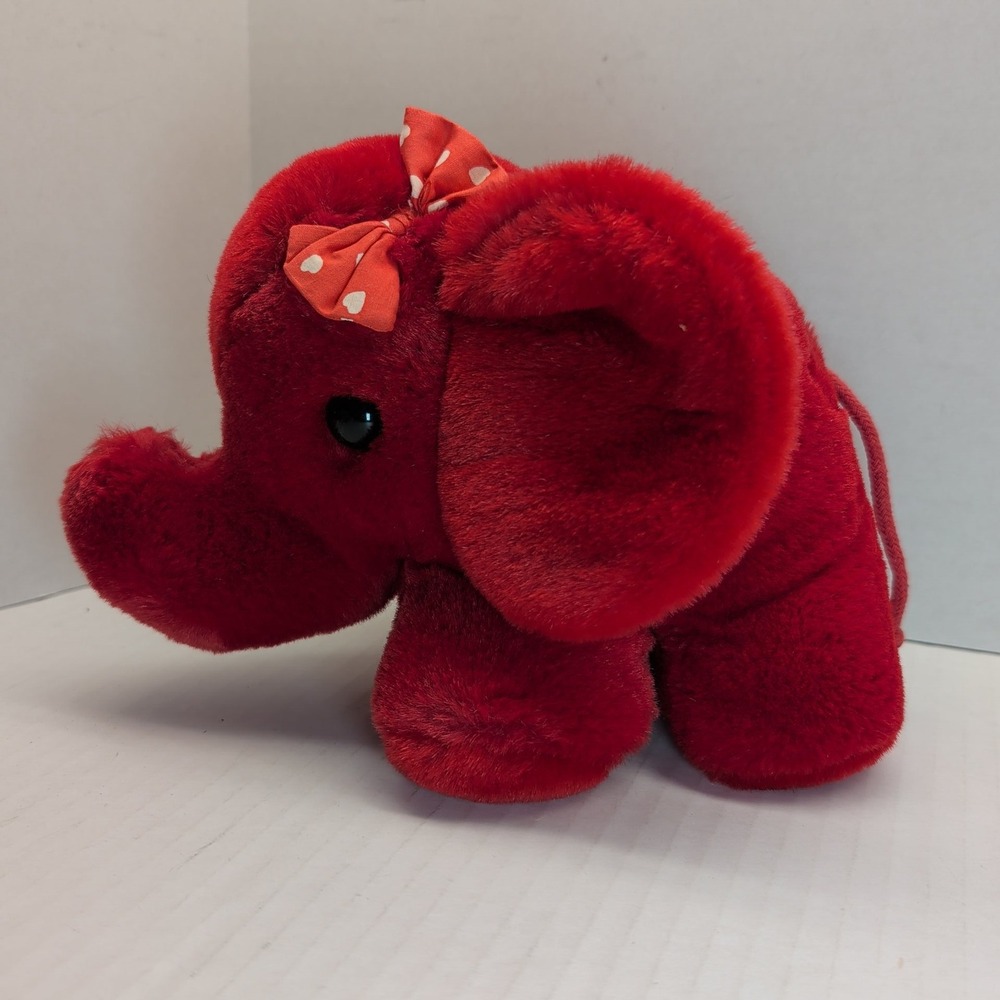 Vintage 1987 Chosun Red Elephant Plush Stuffed Animal Polka Dot Bow 7 Inch